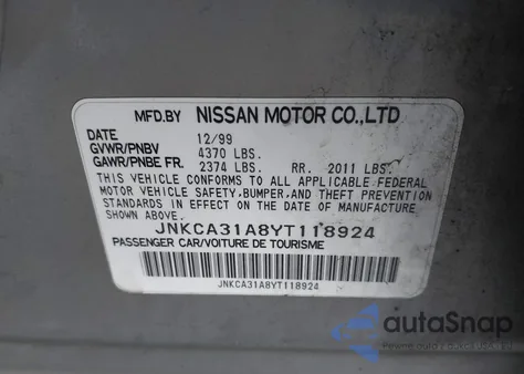 2000 Infiniti I30 Luxury/Touring z USA, uszkodzony, nr VIN JNKCA31A8YT118924